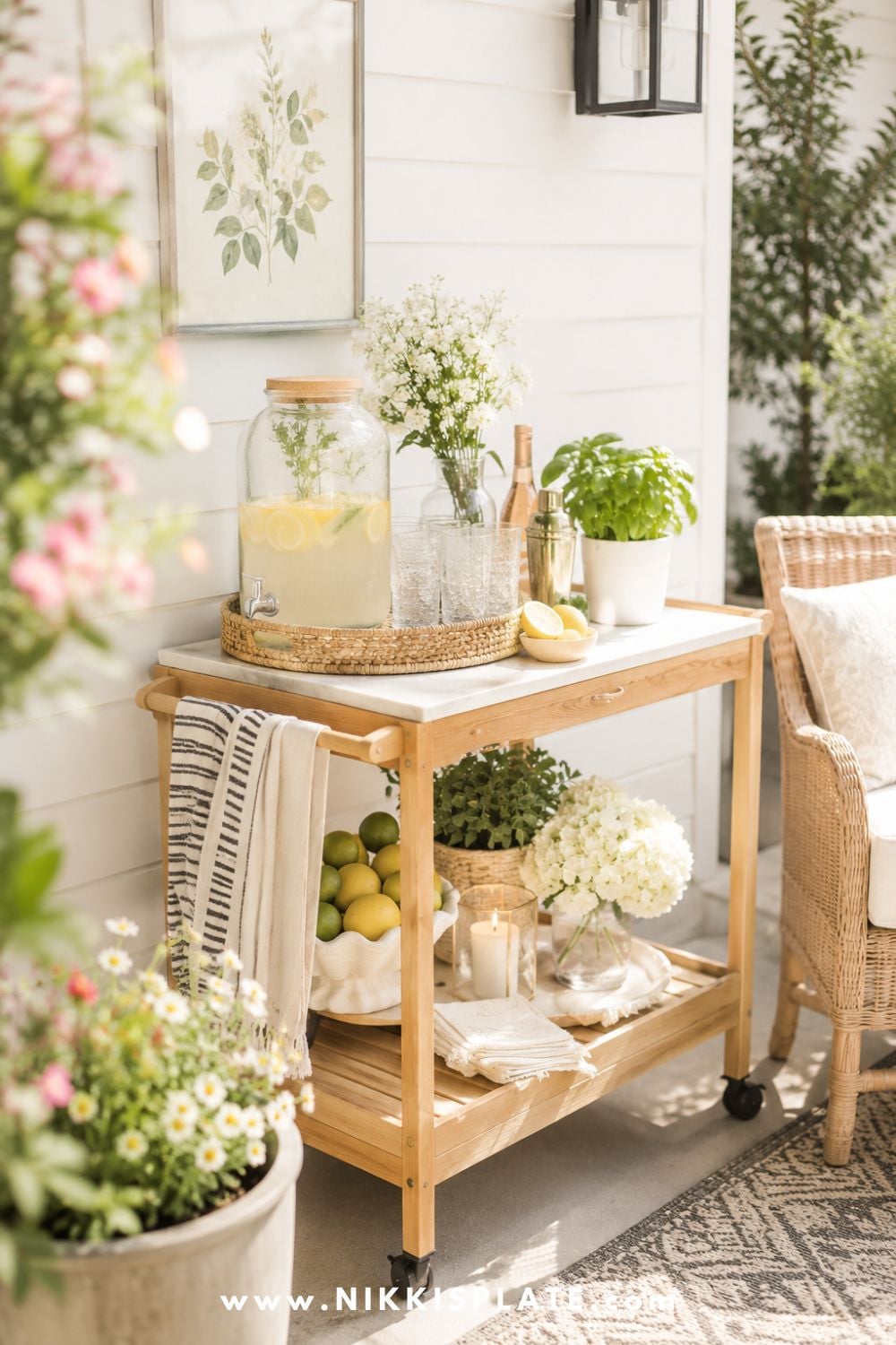Small patio bar cart with lemonade dispenser, glassware, potted basil, lemons, white flowers, and cozy farmhouse porch decor.