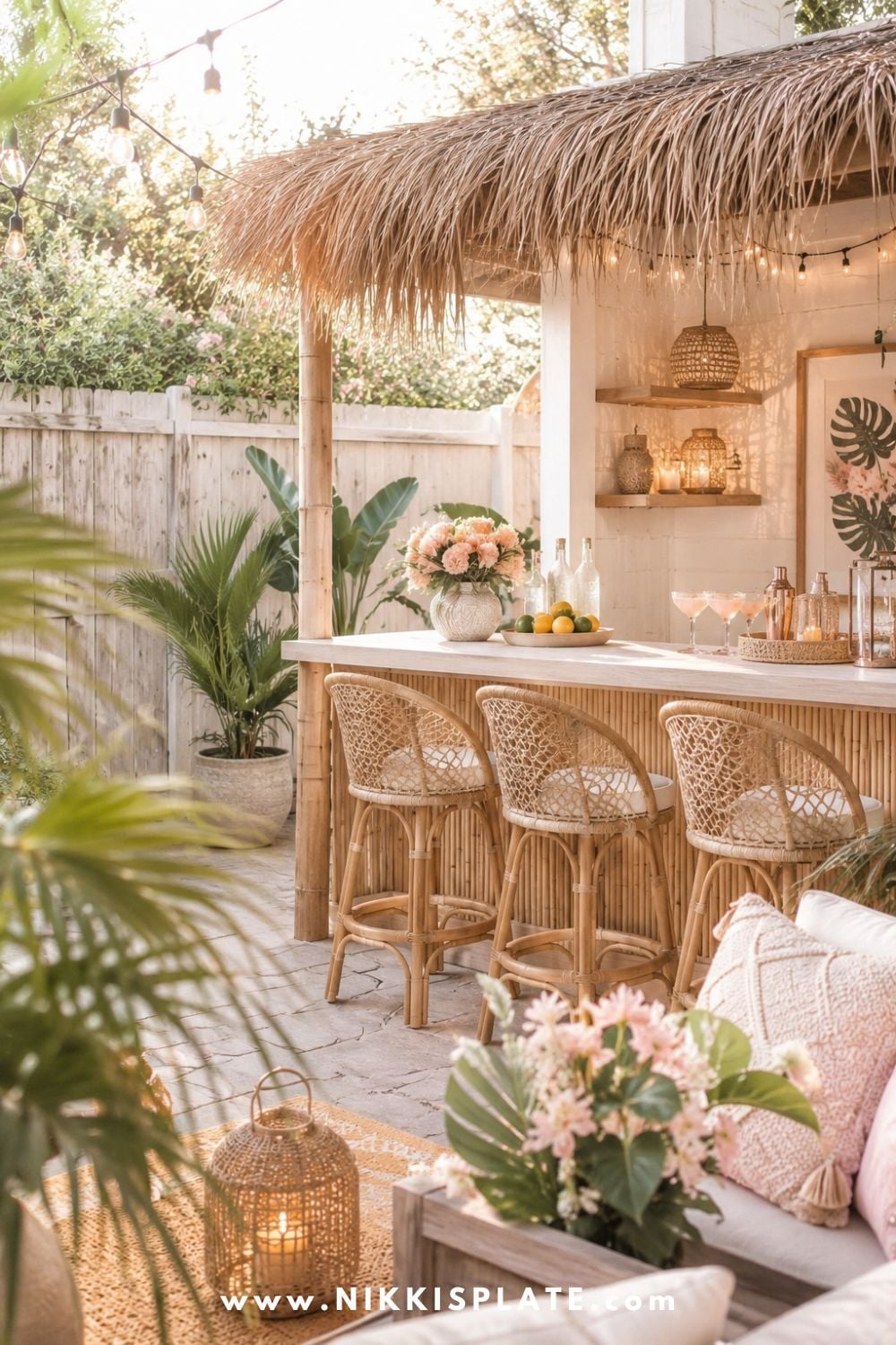 Tiki-style backyard bar with thatched roof, bamboo bar front, rattan stools, soft pink flowers, tropical greenery, and cozy patio lounge decor