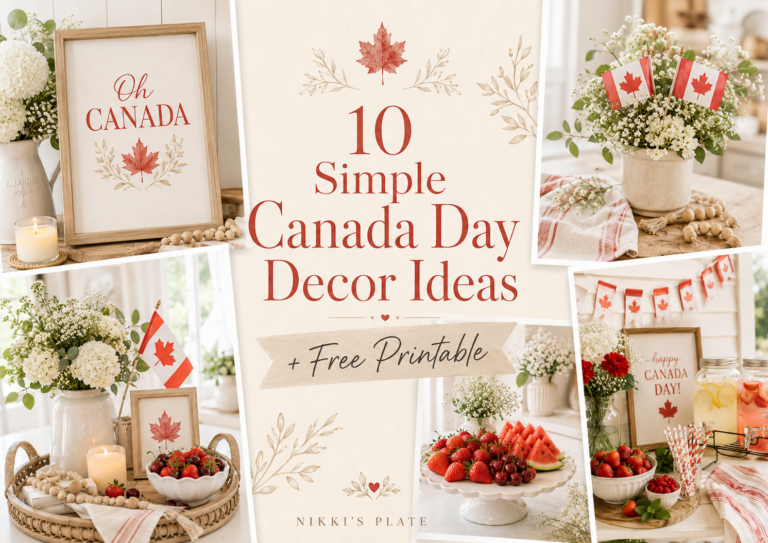 Looking for easy Canada Day decor ideas? These simple Canada Day decorations are perfect for your home, porch, party table, or backyard BBQ. Grab the free Canada Day printable and create a festive red and white setup in minutes.