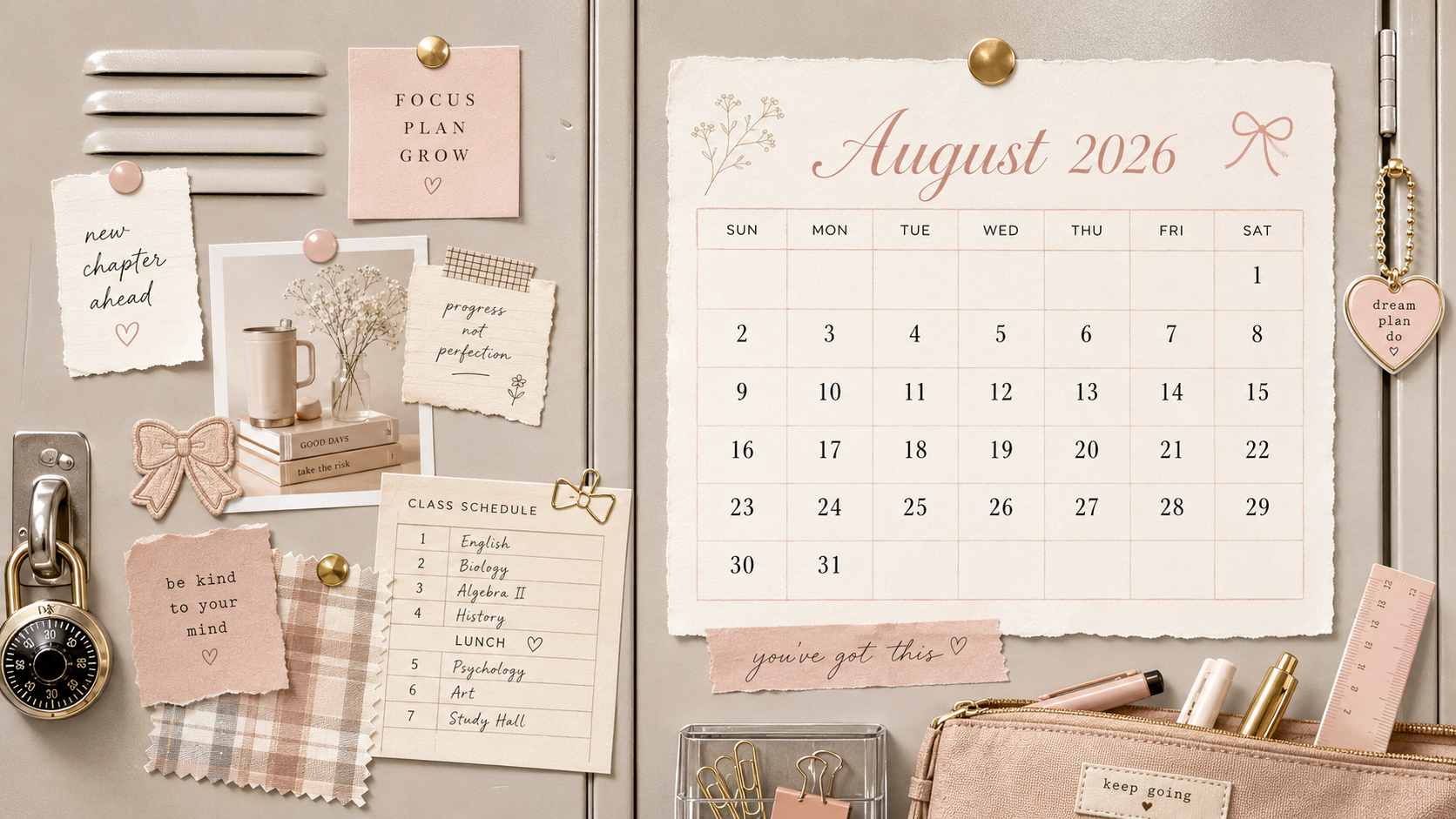 Back-to-school inspired August 2026 desktop calendar background with a neutral locker moodboard, class schedule, notes, bows, pencil pouch, school supplies, and a clean monthly calendar layout.