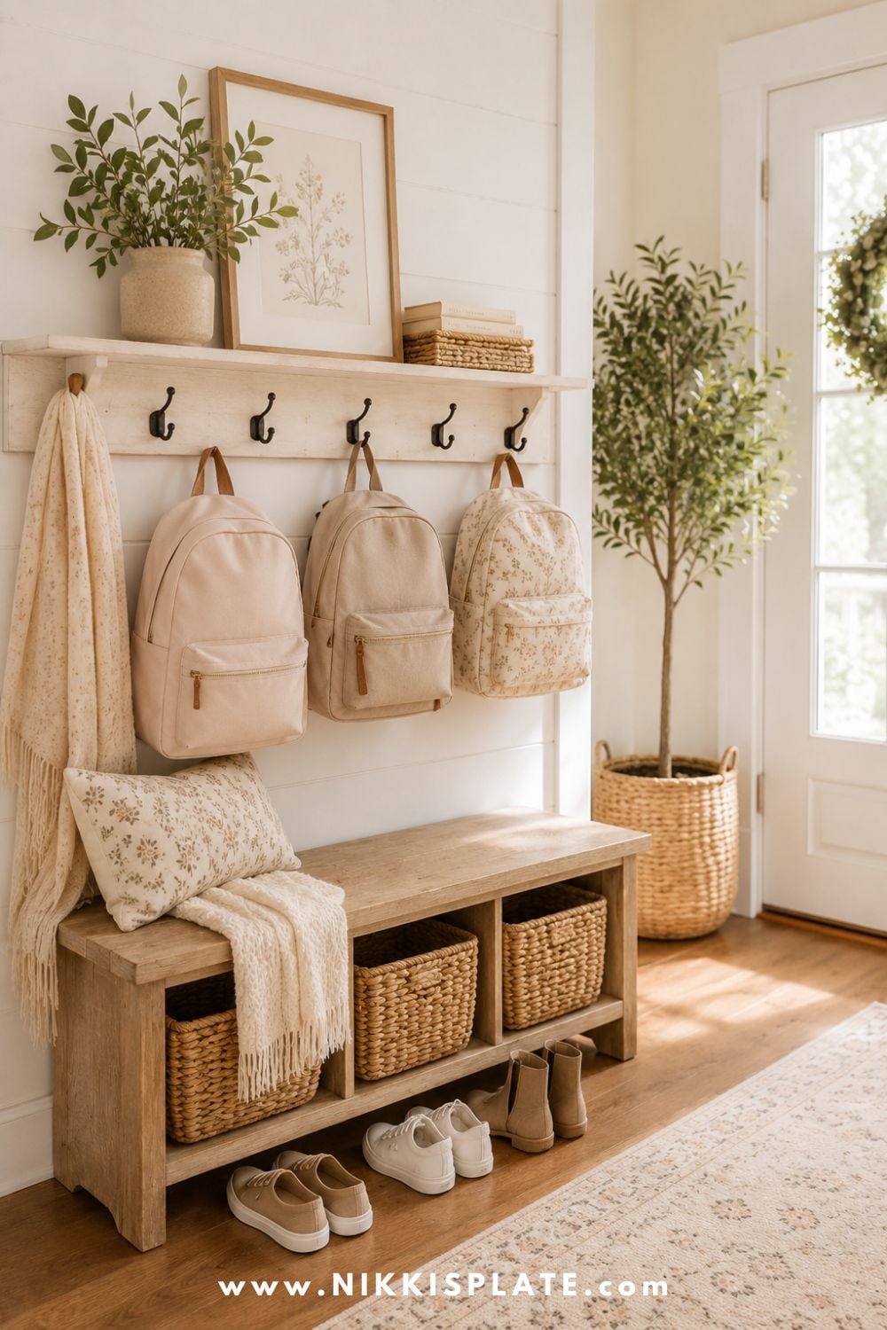 Organized farmhouse entryway with backpacks hanging on hooks above a bench and baskets for family storage.