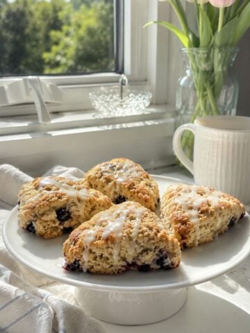 Blueberry chia sourdough scones topped with lemon glaze