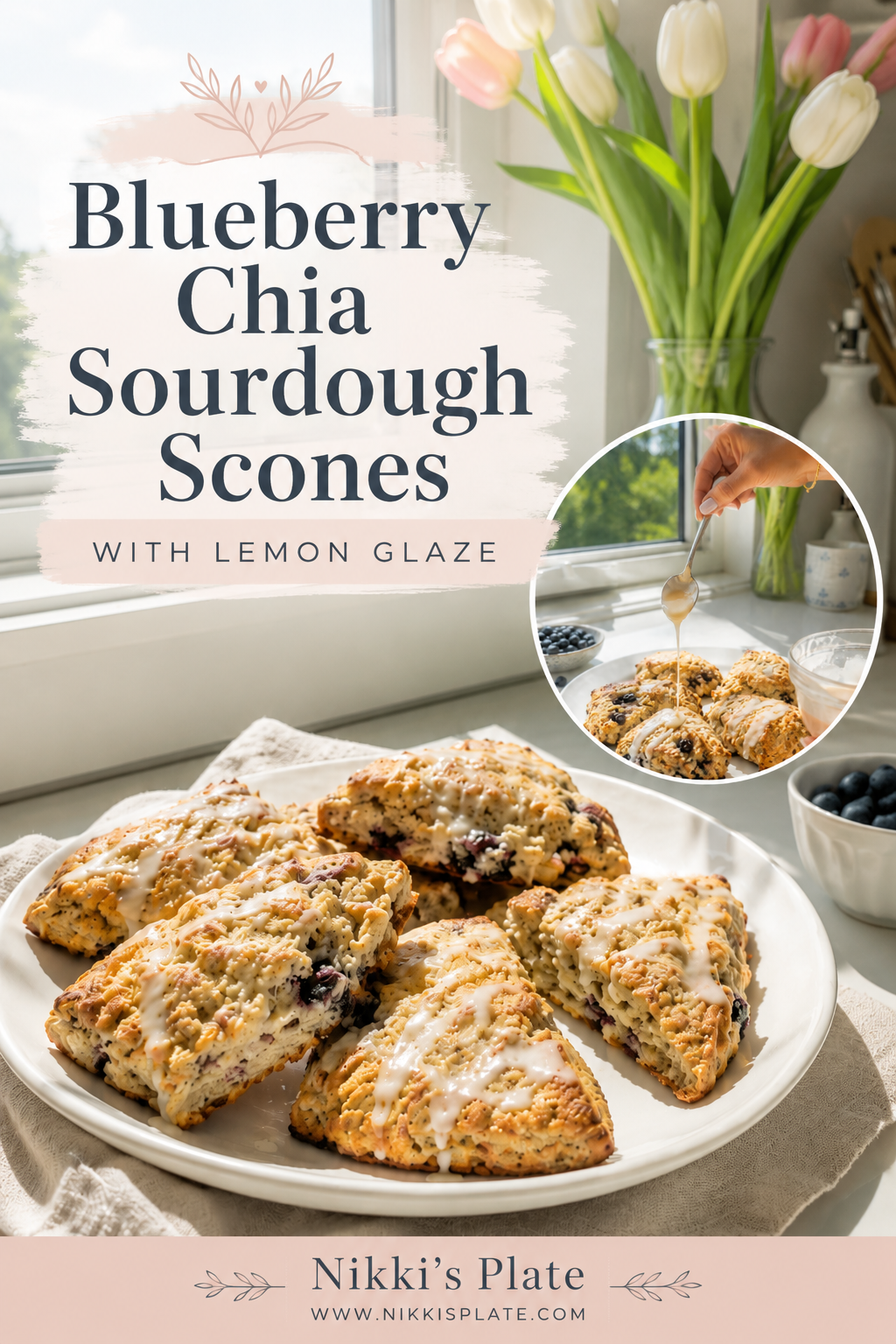 These Blueberry Chia Sourdough Scones with Lemon Glaze are soft, buttery, and filled with juicy blueberries in every bite. Made with sourdough discard and chia seeds, then finished with a sweet and tangy lemon glaze, they are perfect for breakfast, brunch, or an afternoon treat. Save this easy sourdough discard recipe for later!