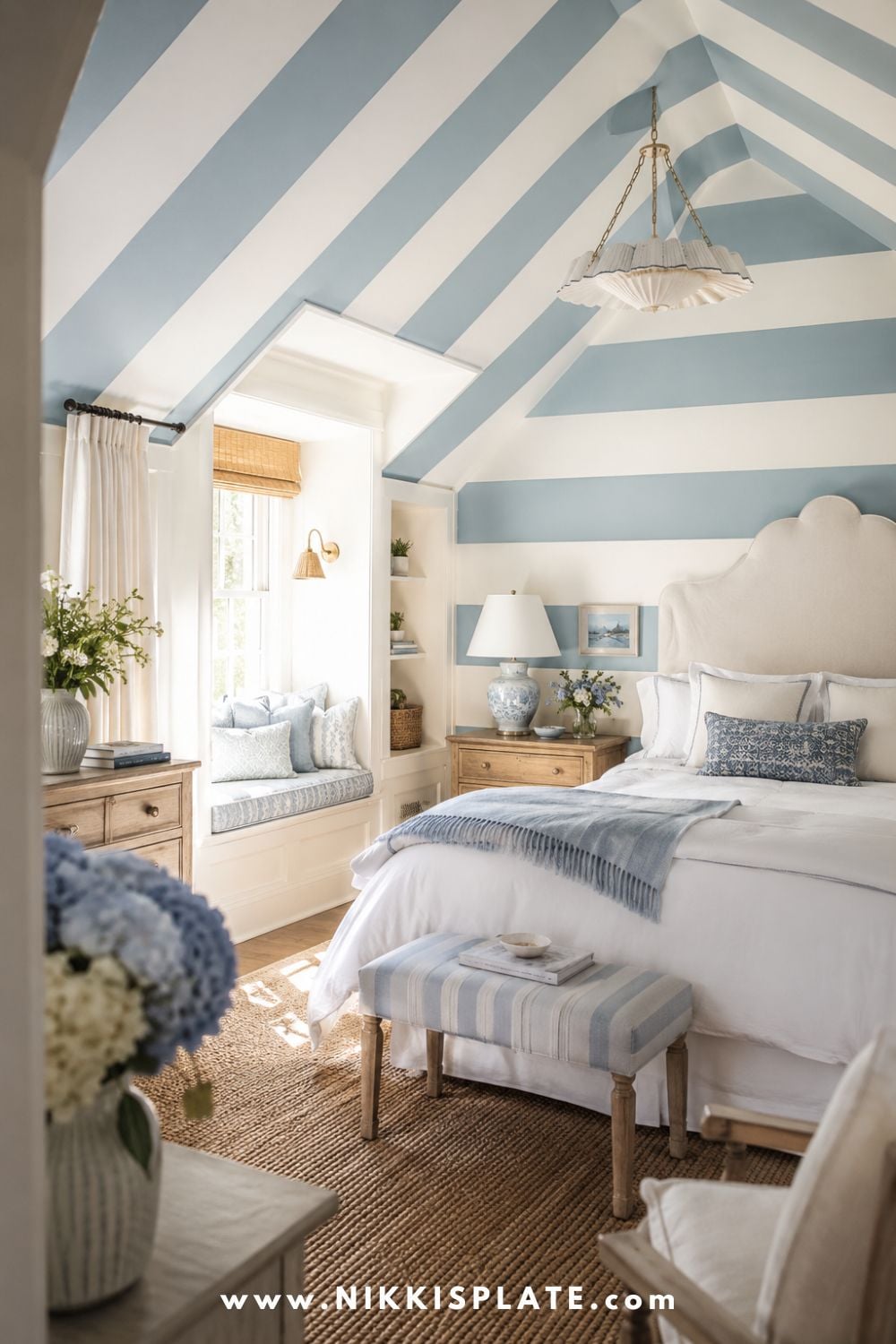 Bright bedroom with a bold blue and white striped ceiling, scalloped upholstered bed, cozy window nook, and layered coastal cottage decor.