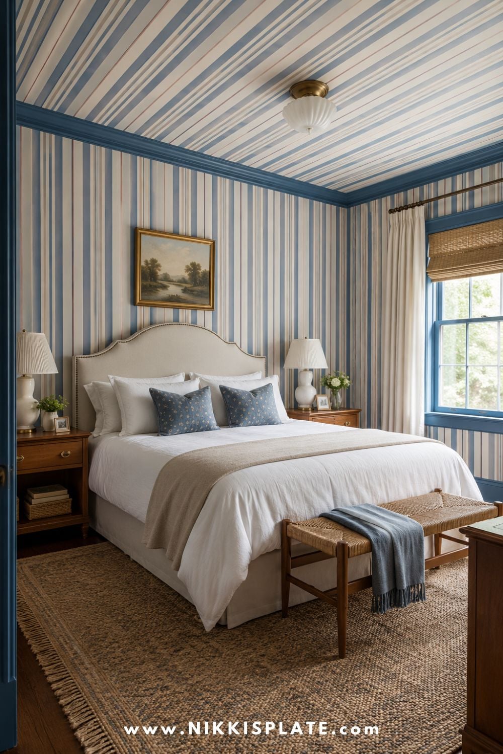 Bold striped ceiling bedroom with blue trim, striped wallpaper on the walls and ceiling, an upholstered bed, woven bench, and classic cozy decor.