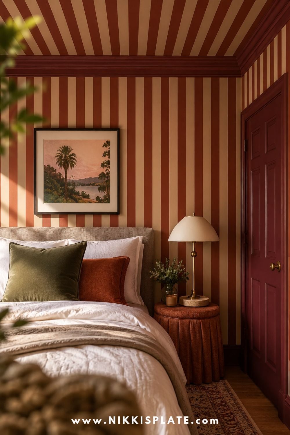 Bold striped ceiling bedroom with rust and beige wallpaper, an upholstered bed, olive and terracotta pillows, and moody vintage-inspired decor.