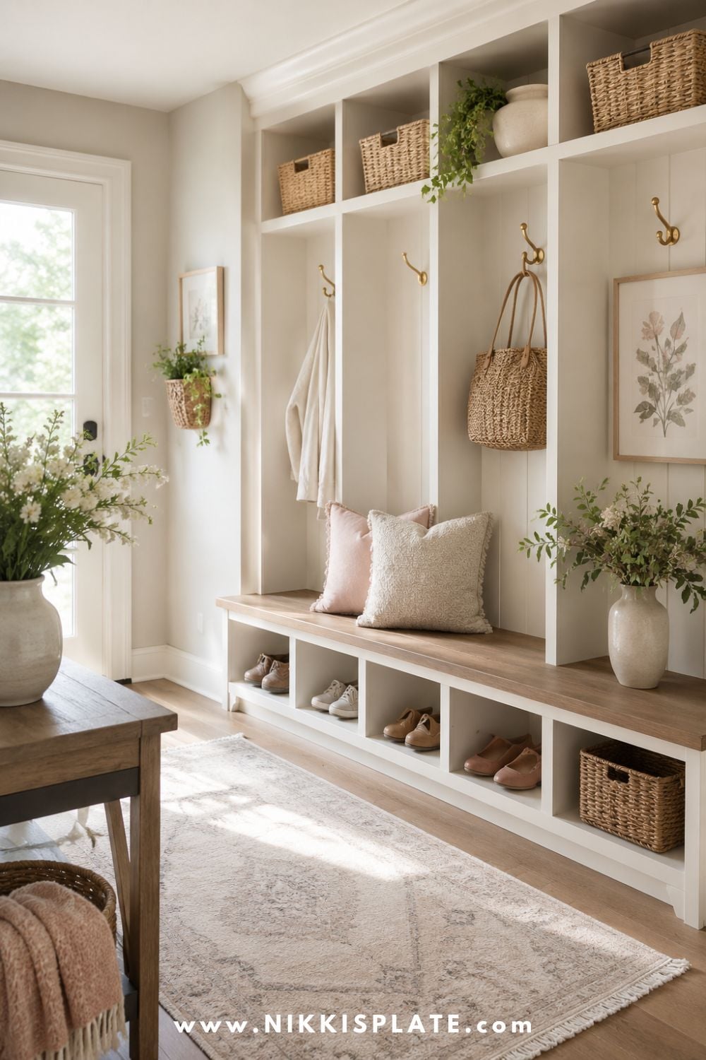 Airy farmhouse entryway with built-in cubbies, hooks, baskets, and bench storage for shoes and bags.