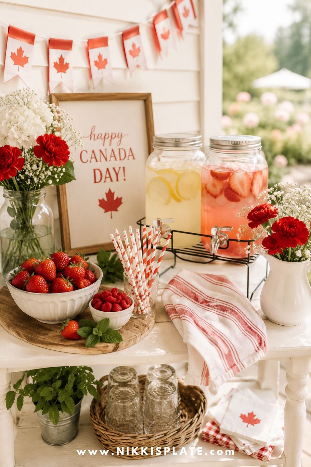 Canada Day drink station with lemonade dispensers, strawberries, red and white flowers, striped straws, maple leaf napkins, and a framed Happy Canada Day printable.