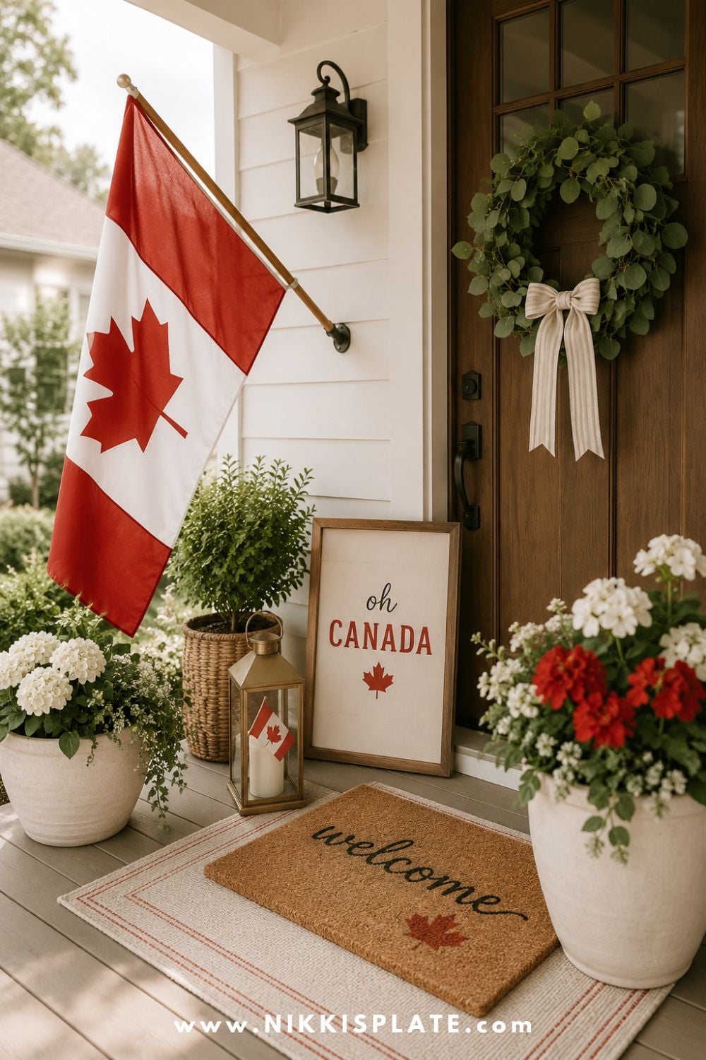Canada Day front porch decor with a Canadian flag, greenery wreath, red and white flowers, welcome mat, lantern, and framed Oh Canada printable.