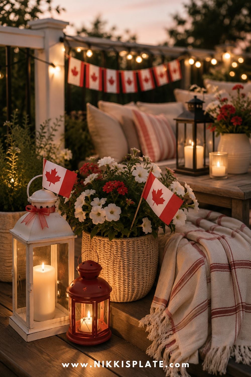 Cozy Canada Day patio decor with glowing lanterns, string lights, red and white flowers, mini Canadian flags, and a soft striped throw blanket at dusk.