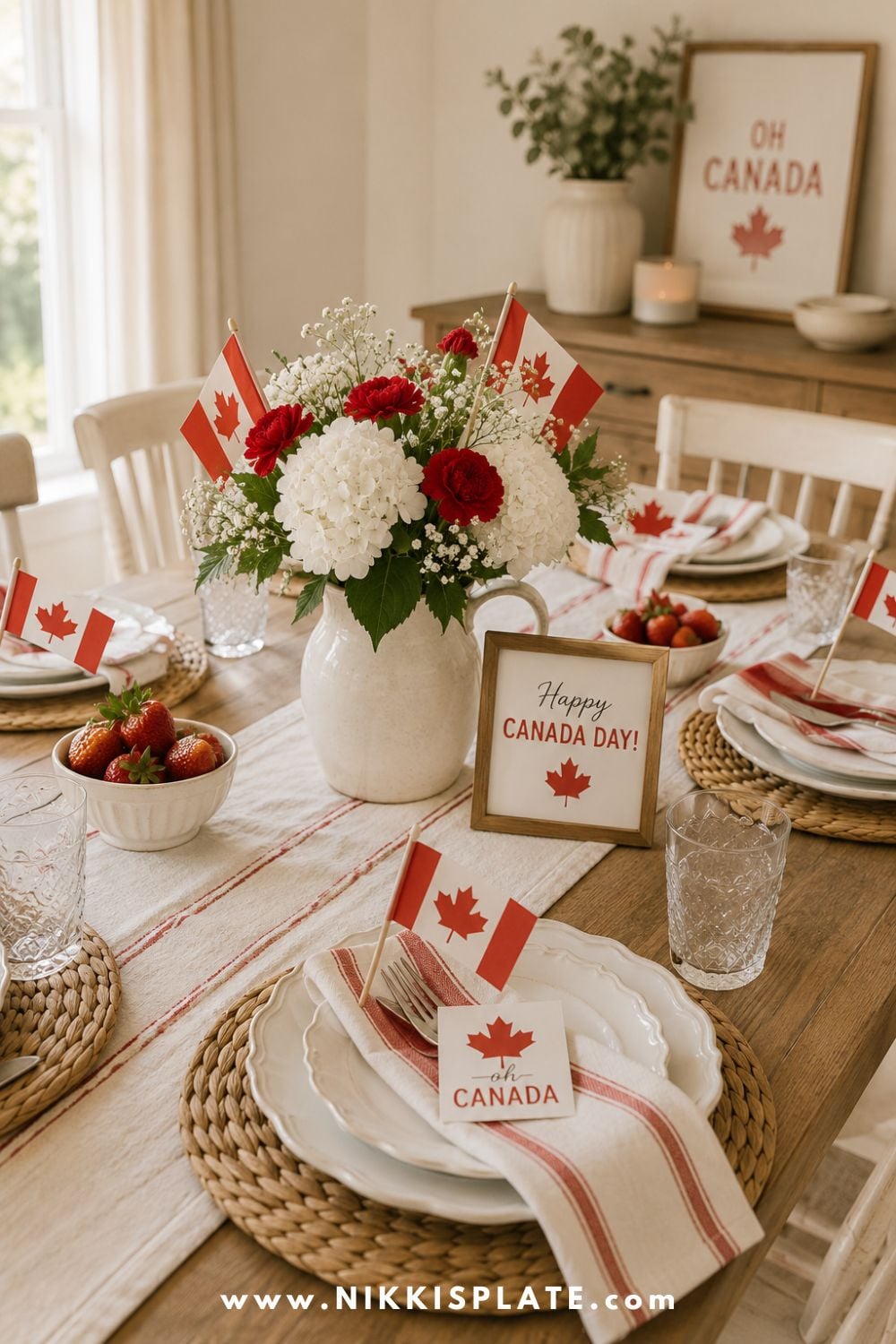 Canada Day table setting with red and white flowers, mini Canadian flags, woven placemats, striped napkins, and framed Happy Canada Day printable.