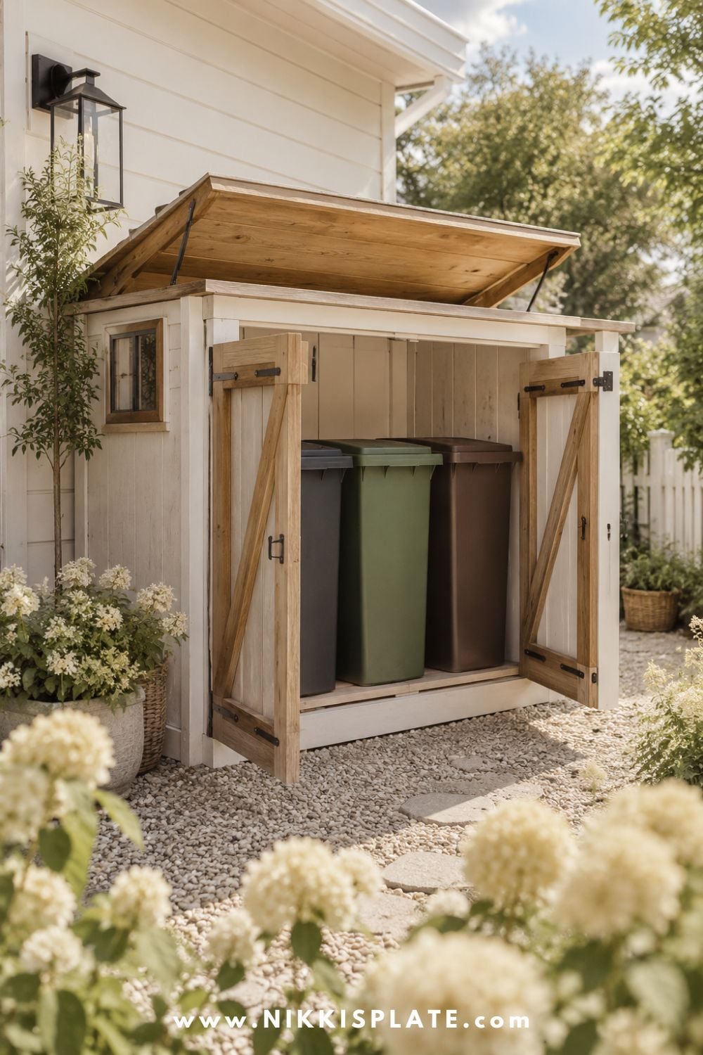 Compact outdoor garbage bin shed with double doors and a lifting roof, storing three bins beside a white farmhouse.