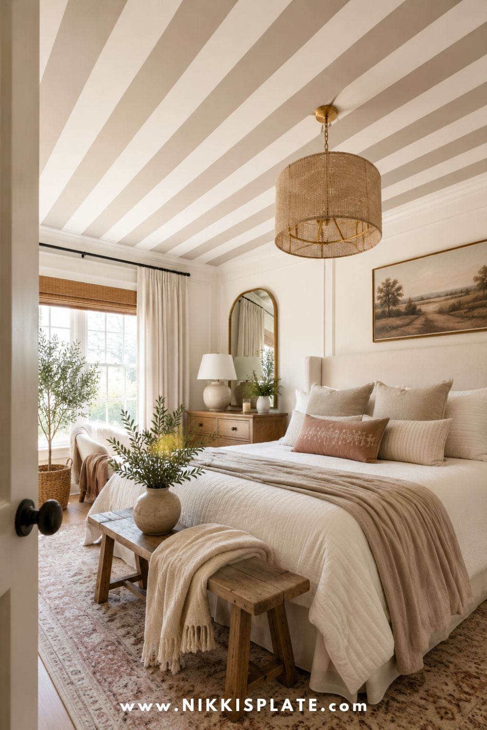 Cozy neutral bedroom viewed through a doorway with a beige striped ceiling, rattan pendant light, cream bedding, wood bench, soft curtains, and layered natural textures.