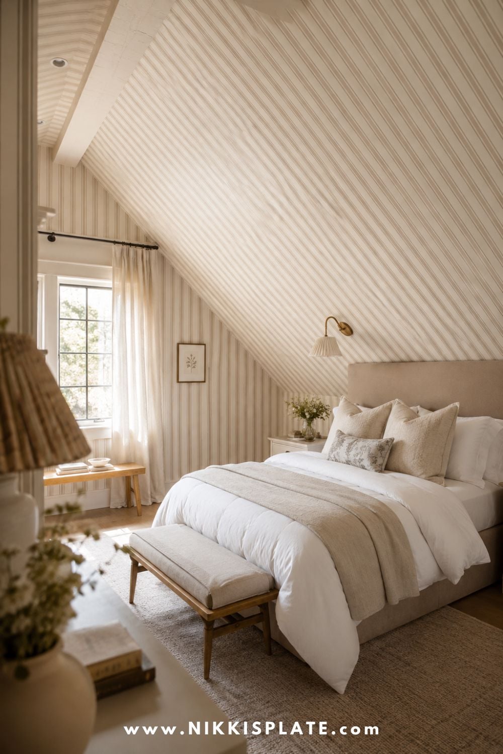 Bright attic minimal bedroom with a striped ceiling, white bedding, linen curtains, and cozy neutral decor.