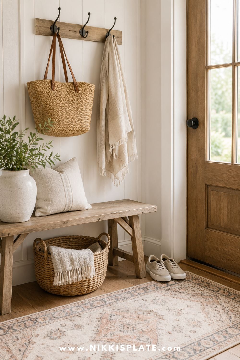 Simple farmhouse entryway with only daily-use items by the door, including a bag, shoes, hooks, and a woven basket.