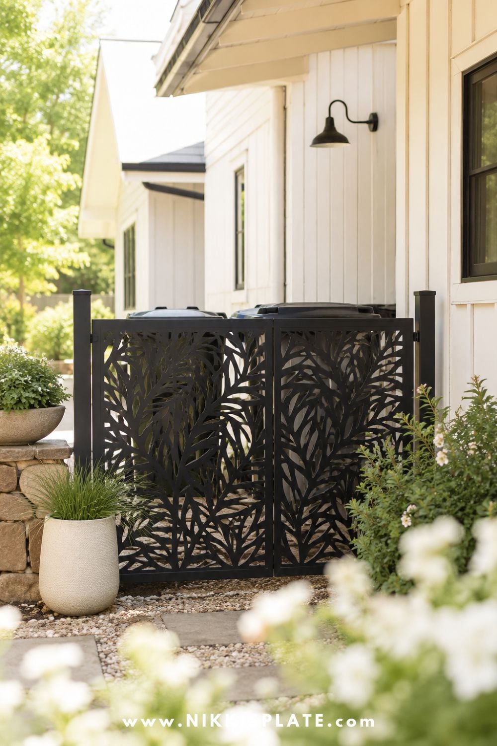 Decorative black metal screen with a botanical cutout pattern concealing outdoor garbage cans beside a bright white home.