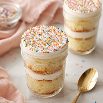 Dot cake jars layered with soft vanilla cake and creamy buttercream frosting, topped with colorful rainbow dot sprinkles on a marble countertop.