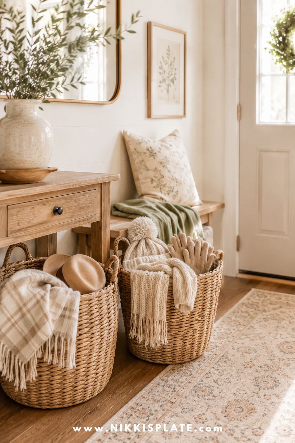 Woven entryway baskets filled with seasonal hats, gloves, scarves, and cozy blankets near the front door.