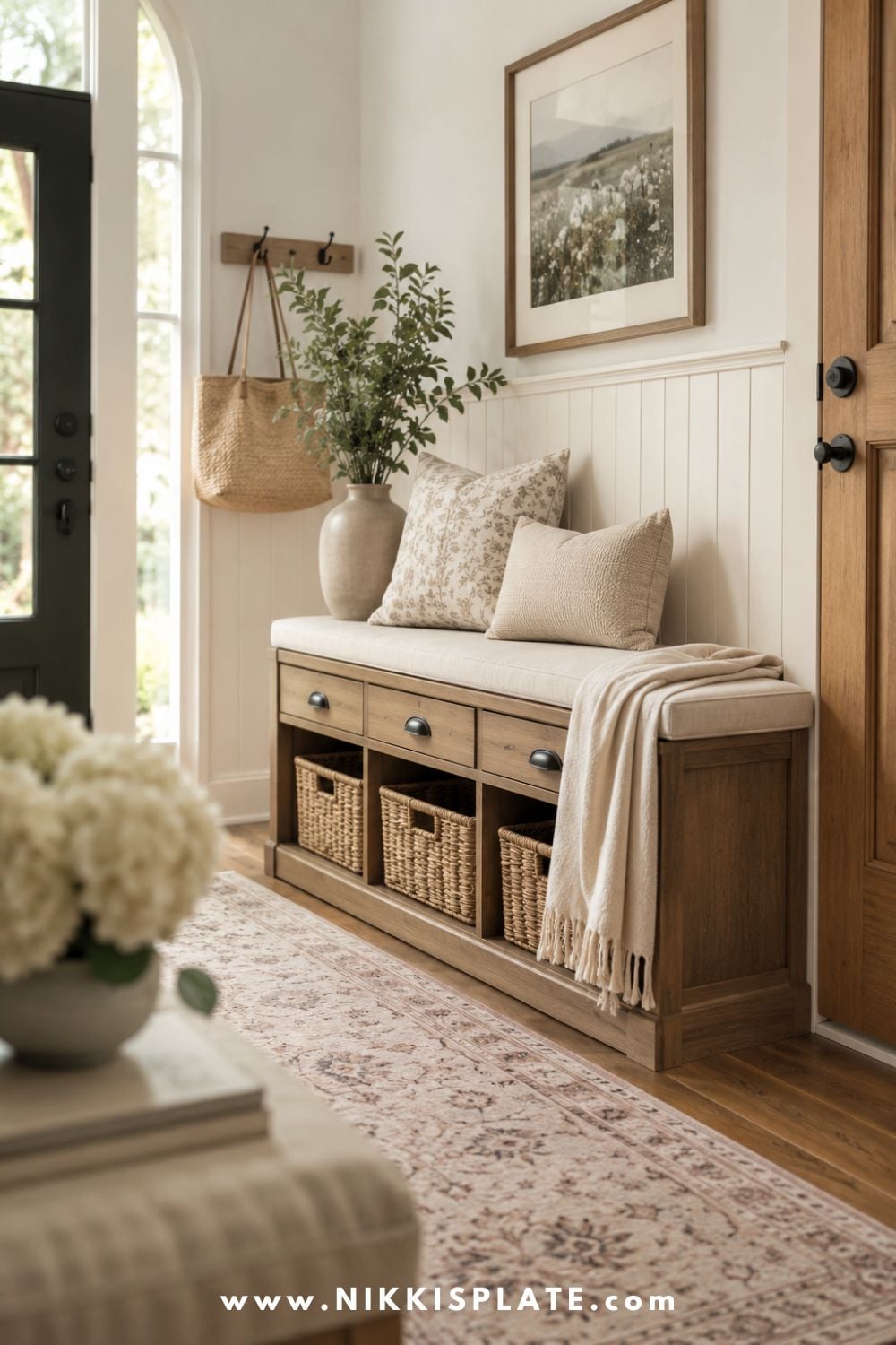 Cozy farmhouse entryway bench with storage drawers, woven baskets, pillows, hooks, and neutral hallway decor.