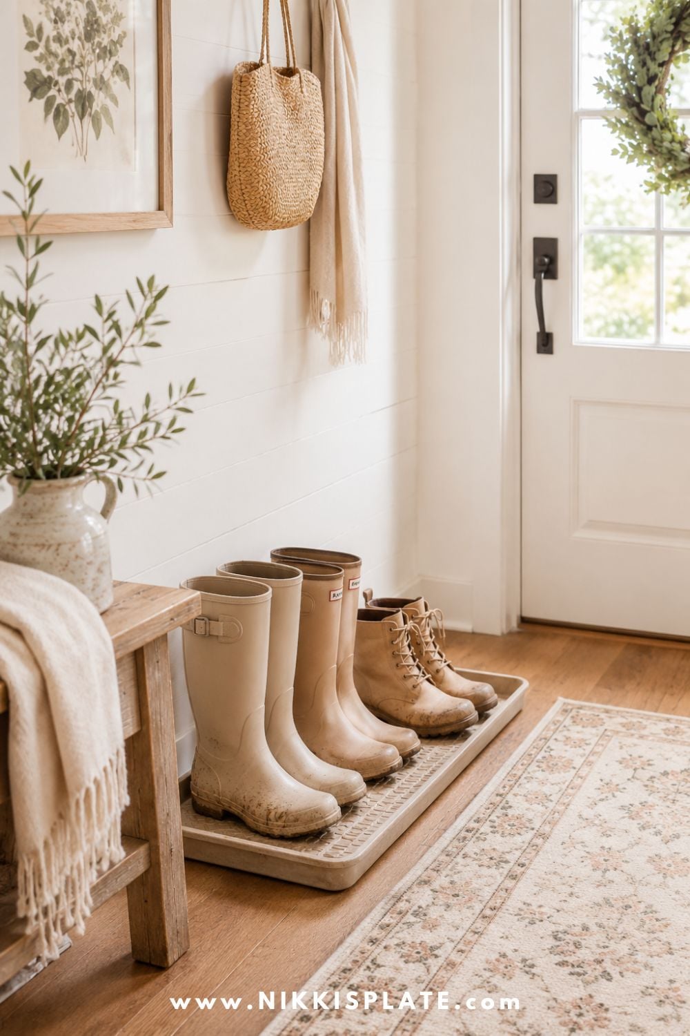 Pretty entryway boot tray holding everyday boots and shoes beside a wooden bench in a cozy farmhouse hallway.