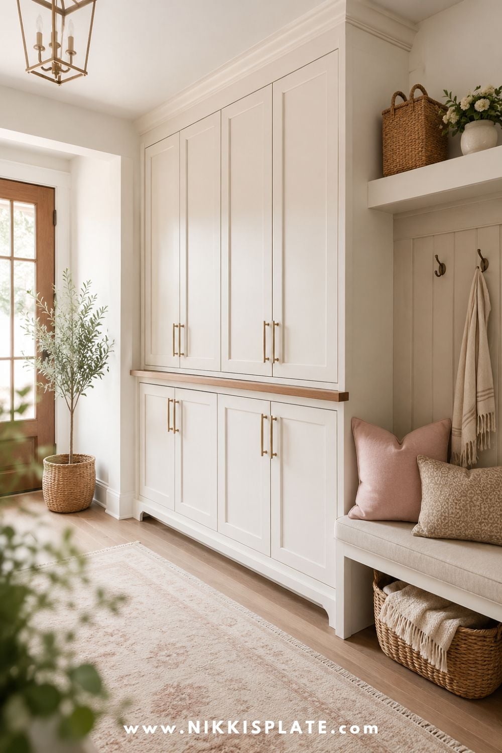 Tall white entryway cabinets with closed storage, brass hardware, and a cozy bench for hiding everyday clutter.