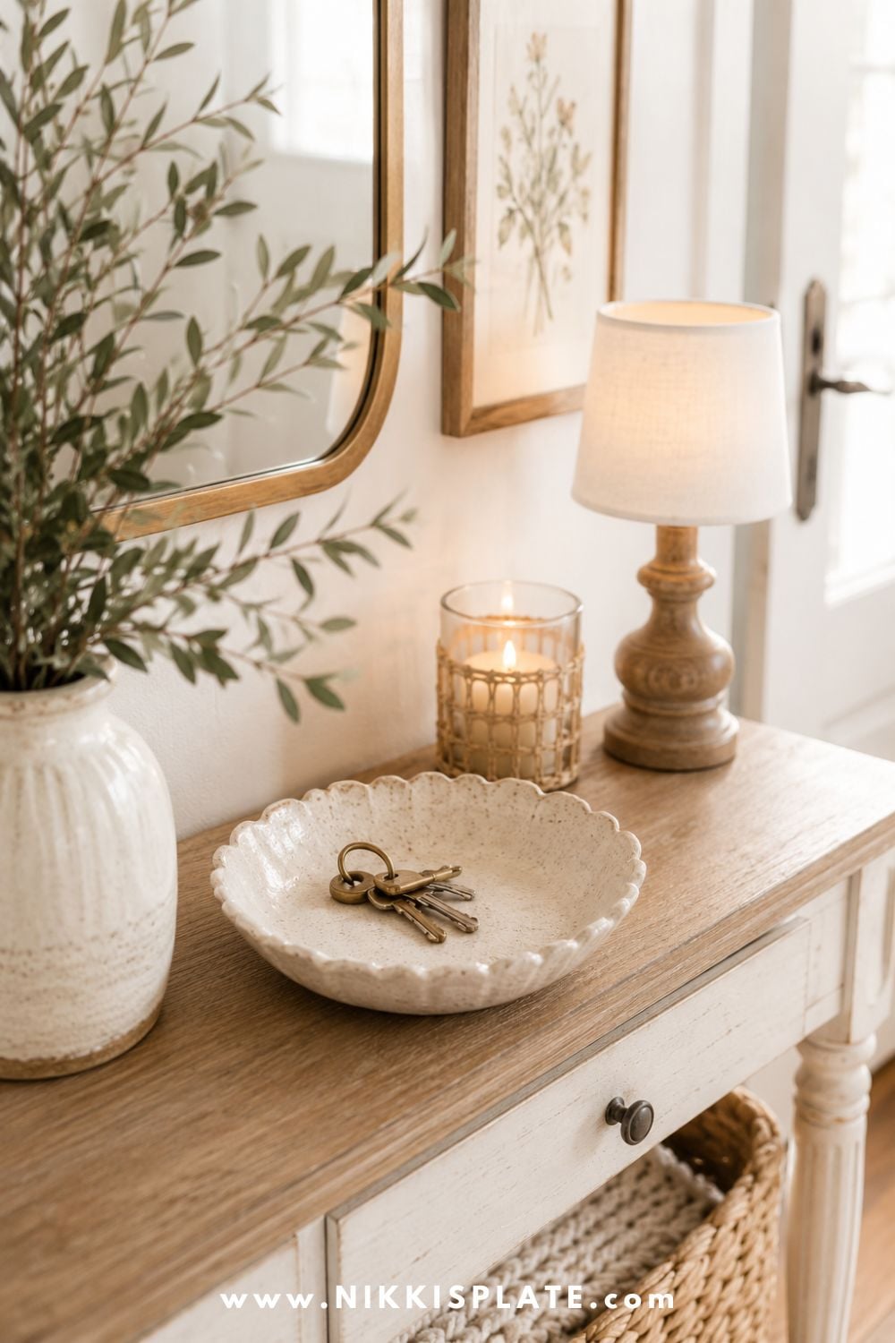 Pretty ceramic bowl on an entryway table holding keys beside a lamp, mirror, and simple farmhouse decor.