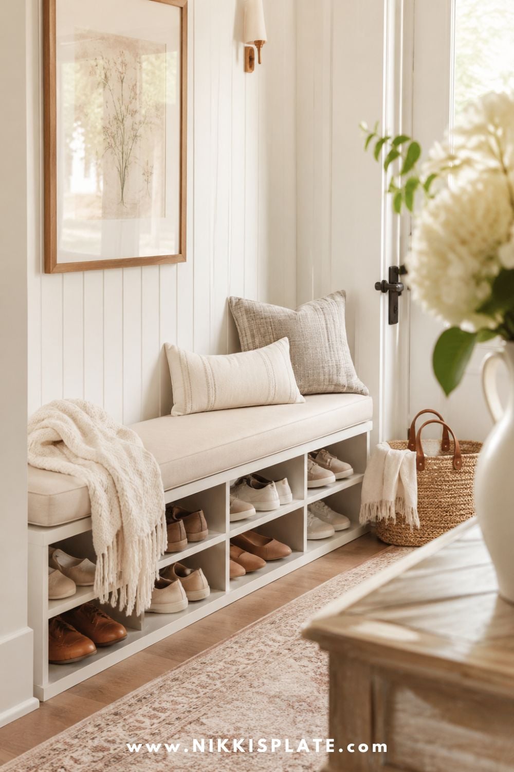 Bright farmhouse entryway shoe storage bench with open cubbies, neutral pillows, woven basket, cozy throw, and airy hallway decor.