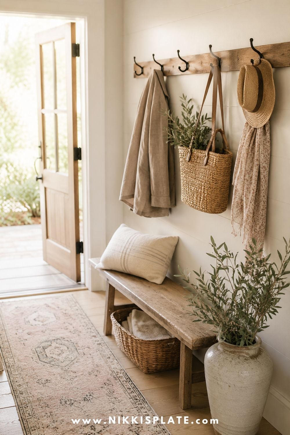 Farmhouse entryway with wall hooks for coats, bags, hats, and everyday items above a simple wooden bench.