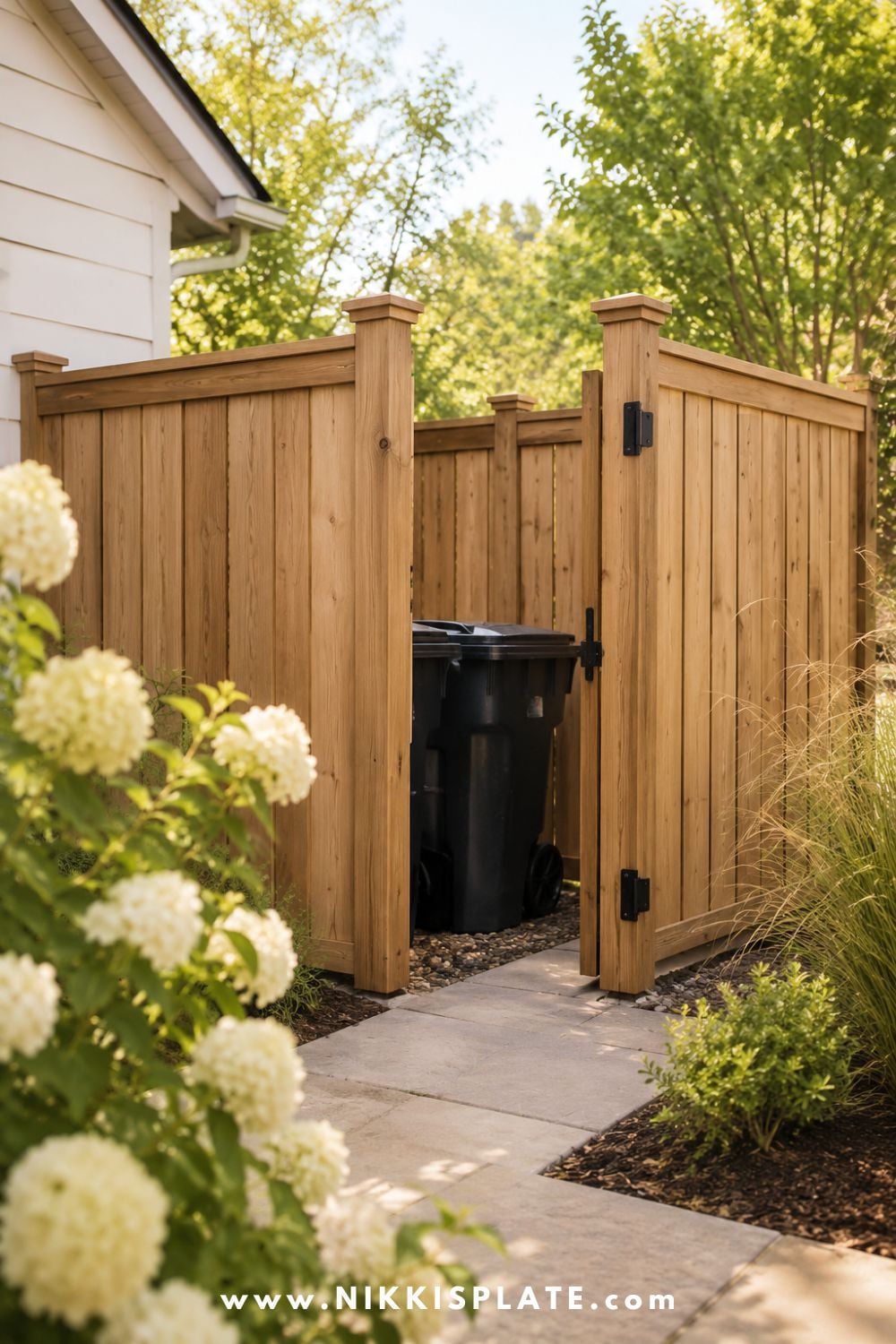 Wooden fence extension creating a hidden outdoor storage nook for garbage cans beside a landscaped garden path.