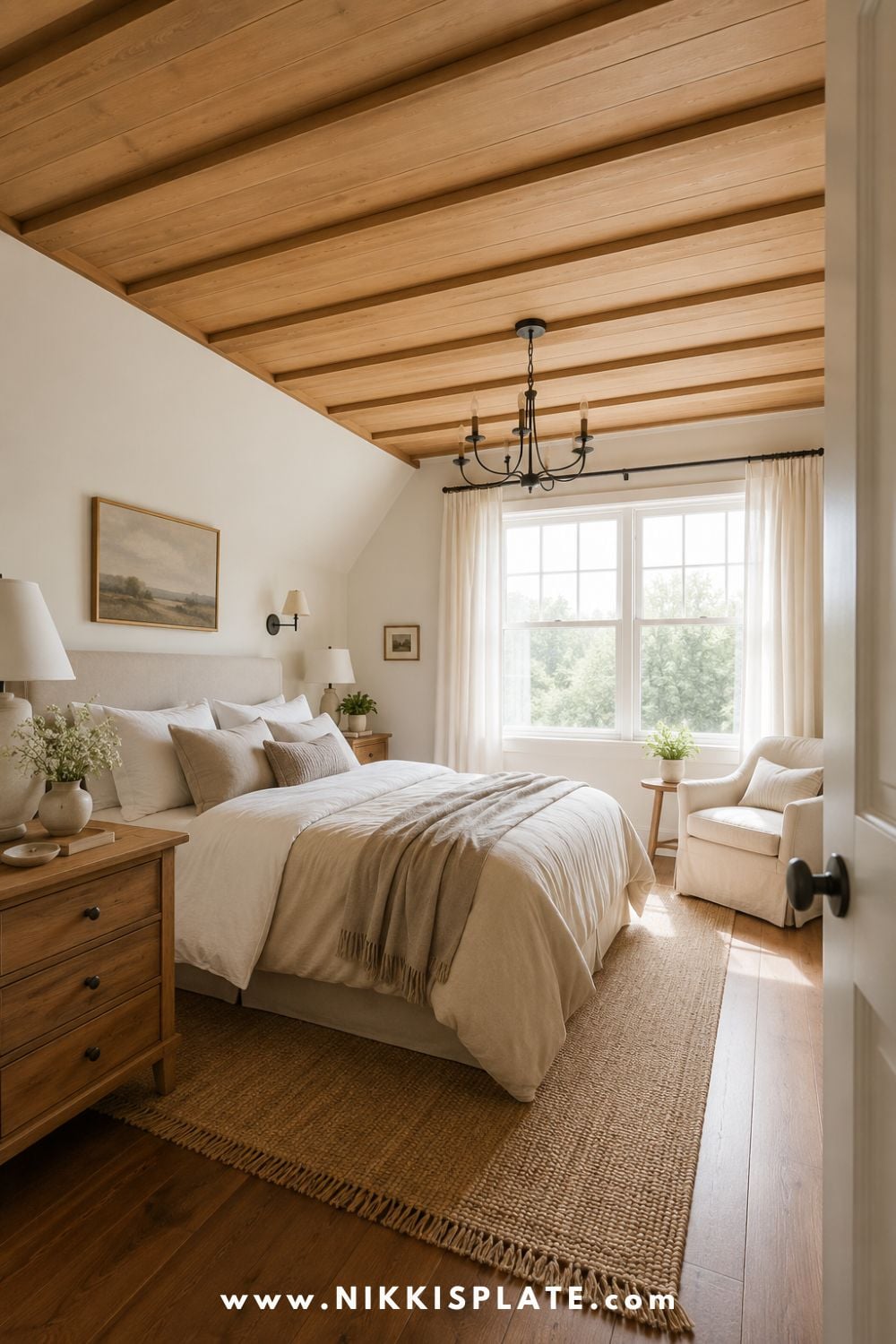 Cozy farmhouse bedroom with exposed wood ceiling beams, neutral linen bedding, warm wood furniture, and a sunlit reading chair.