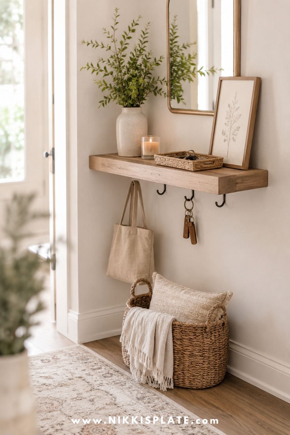 Floating wood shelf with hooks, mirror, tray, keys, and basket creating a pretty entryway drop zone.