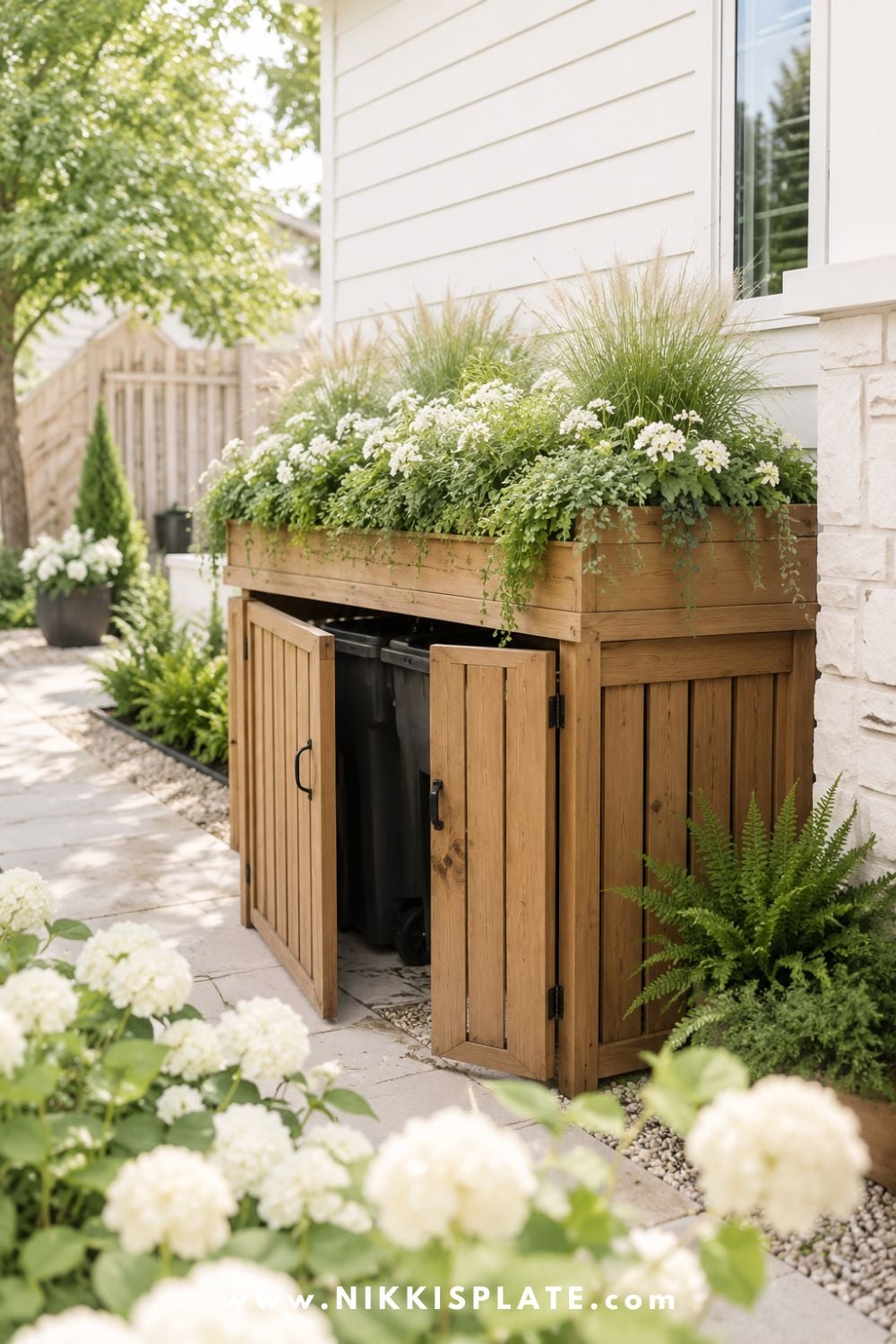 Wooden garbage can enclosure with double doors and a lush planter top filled with white flowers and ornamental grasses beside a white home.