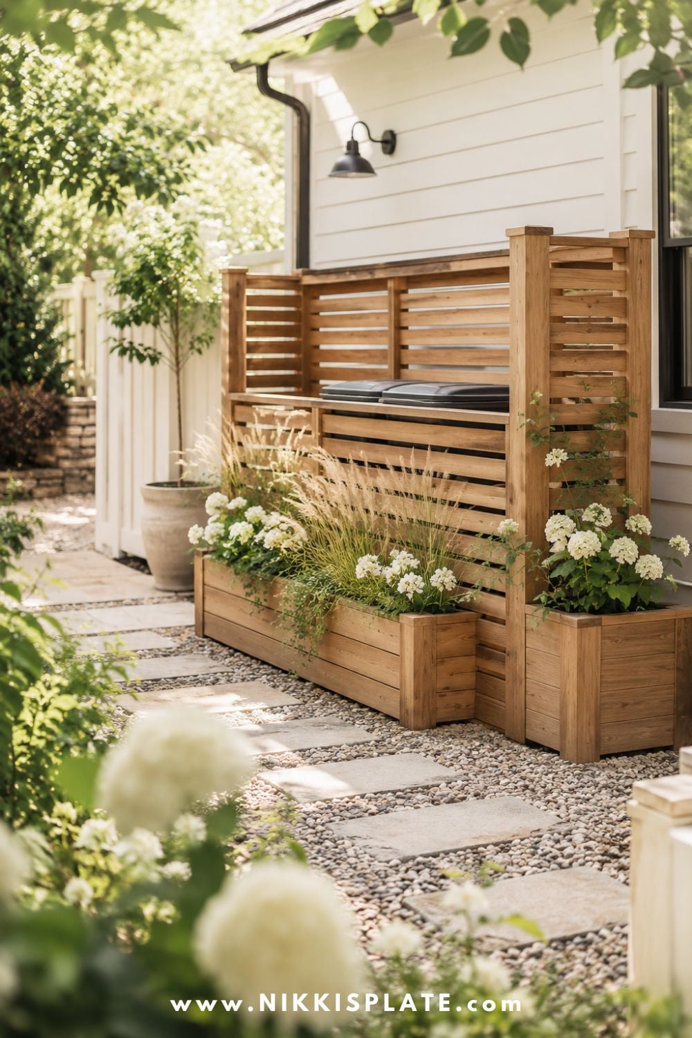 Wooden garbage can screen with attached planter boxes filled with white flowers and ornamental grasses beside a white home.
