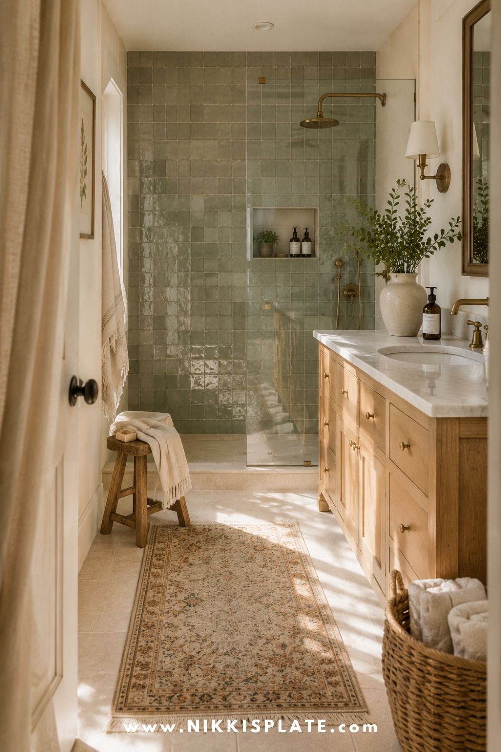 Modern farmhouse bathroom with glossy green shower tile, warm wood vanity, brass fixtures, vintage rug, woven basket, and bright natural light.