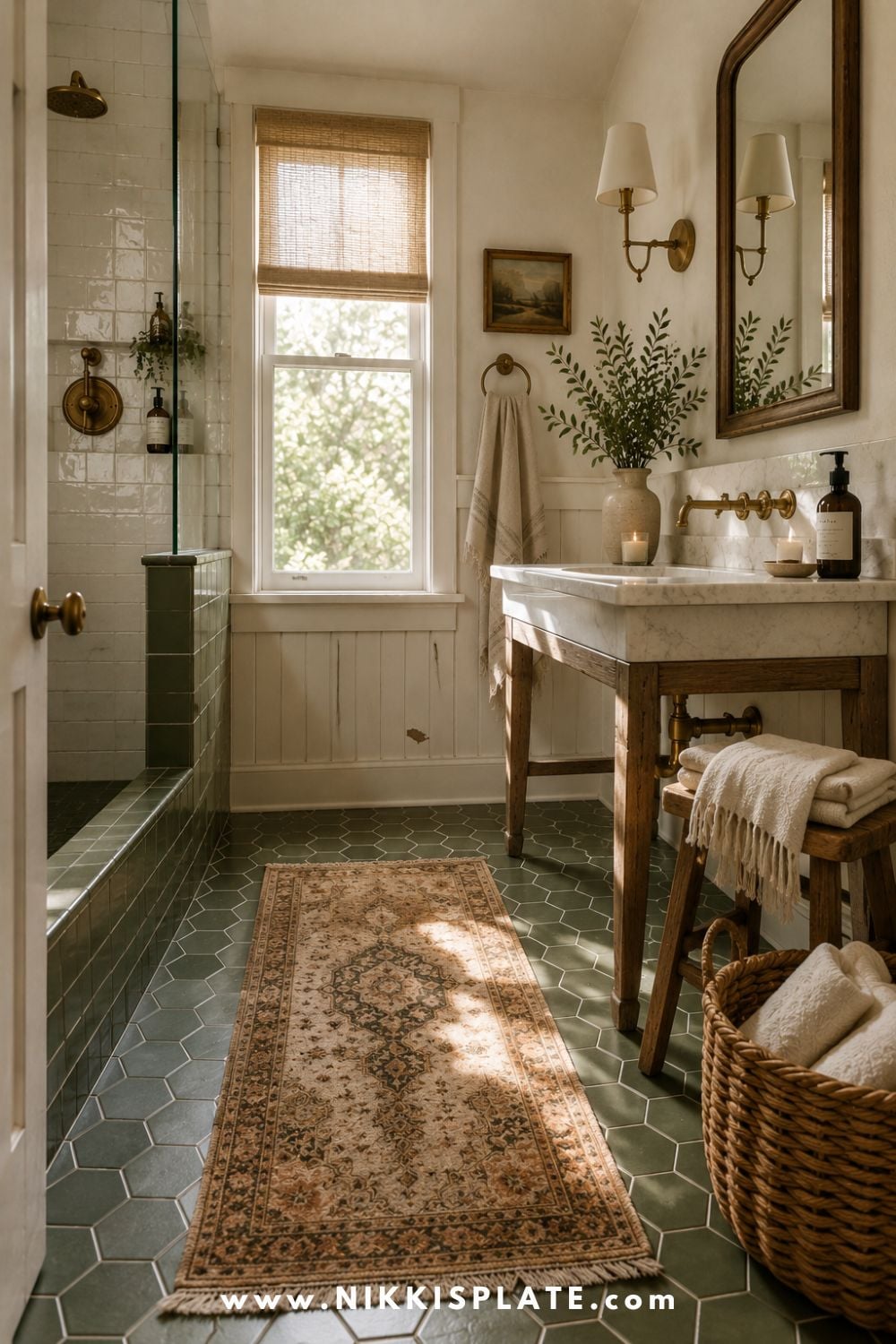Modern farmhouse bathroom with green hexagon floor tile, glass shower, marble sink, brass fixtures, woven basket, vintage rug, and warm wood accents.