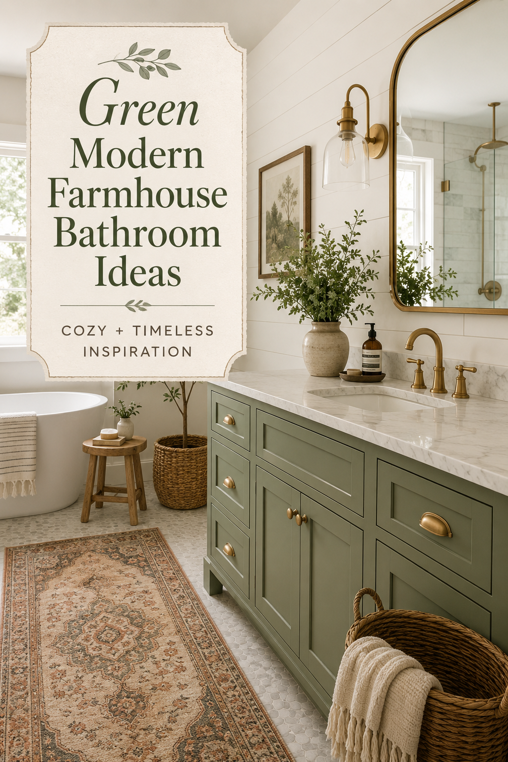 Beautiful green modern farmhouse bathroom ideas filled with cozy, timeless inspiration. From soft green vanities to brass fixtures, vintage rugs, marble countertops, and warm woven textures, these bathroom design ideas are perfect for creating a dreamy farmhouse-inspired space.