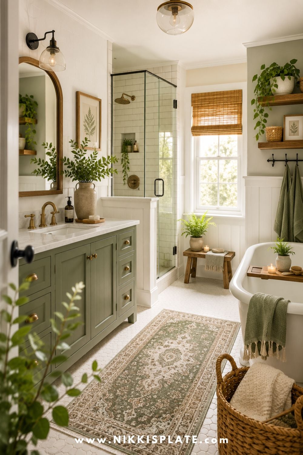 Green modern farmhouse bathroom with a freestanding tub, sage vanity, glass shower, woven baskets, plants, and soft natural light.