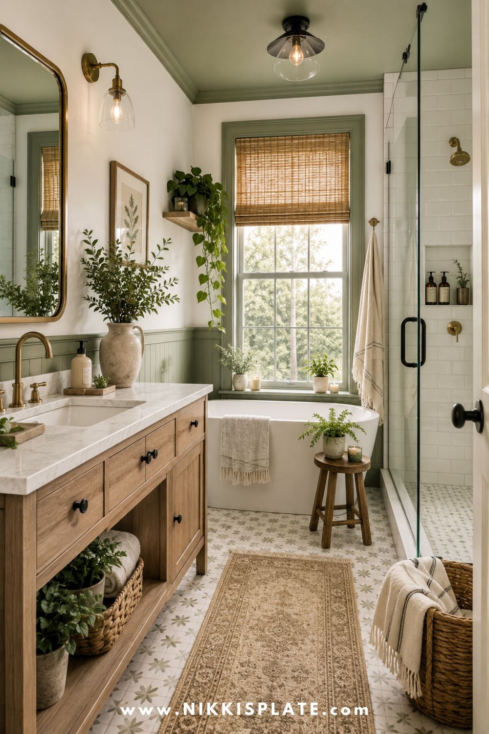 Green modern farmhouse bathroom with soft green trim, warm wood vanity, brass mirror, freestanding tub, glass shower, plants, and woven textures.