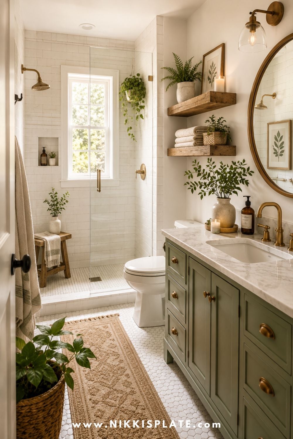 Small green modern farmhouse bathroom with a green vanity, walk-in glass shower, marble countertop, brass fixtures, wood shelves, and plants.
