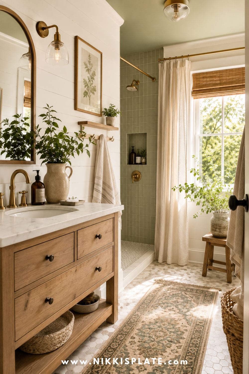 Bright green modern farmhouse bathroom with a warm wood vanity, soft sage shower tile, brass accents, plants, and a woven window shade.