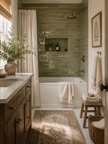 Get inspired by 20 green modern farmhouse bathroom ideas with cozy vanities, green tile, shiplap walls, brass fixtures, and timeless farmhouse charm.