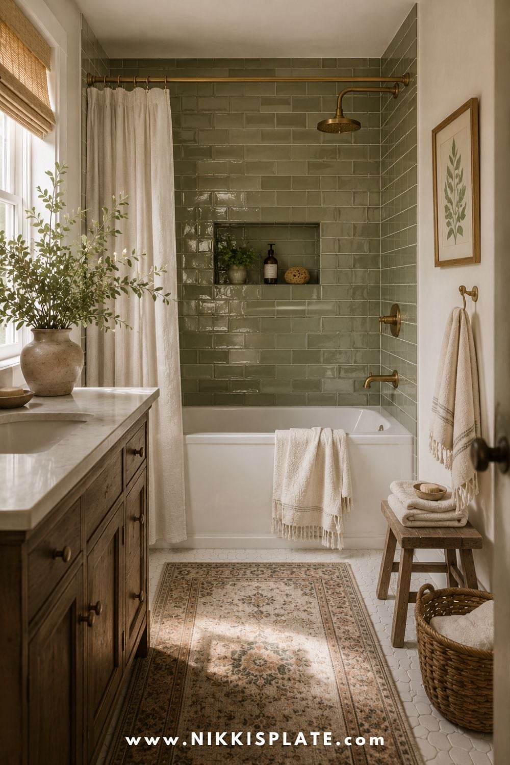 Cozy farmhouse bathroom with green subway tile tub surround, brass shower fixtures, wood vanity, linen curtain, vintage rug, woven basket, and warm natural light.