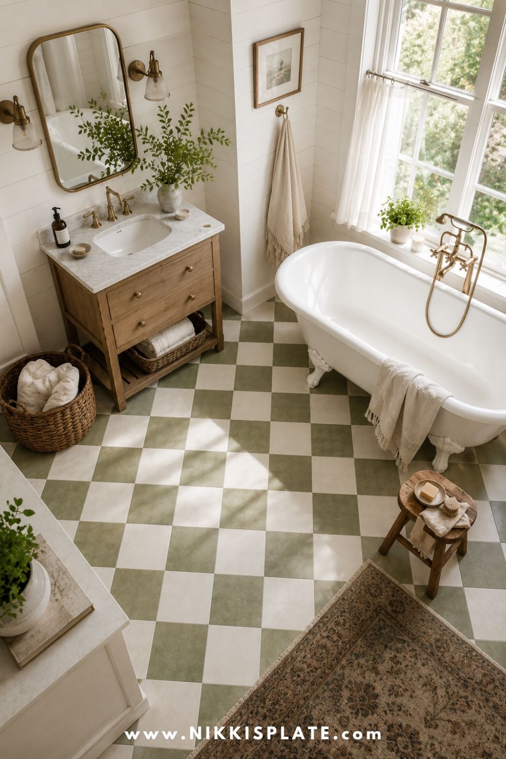 Bright modern farmhouse bathroom with green and white checkered floor tile, clawfoot bathtub, wood vanity, brass fixtures, woven baskets, and vintage rug.