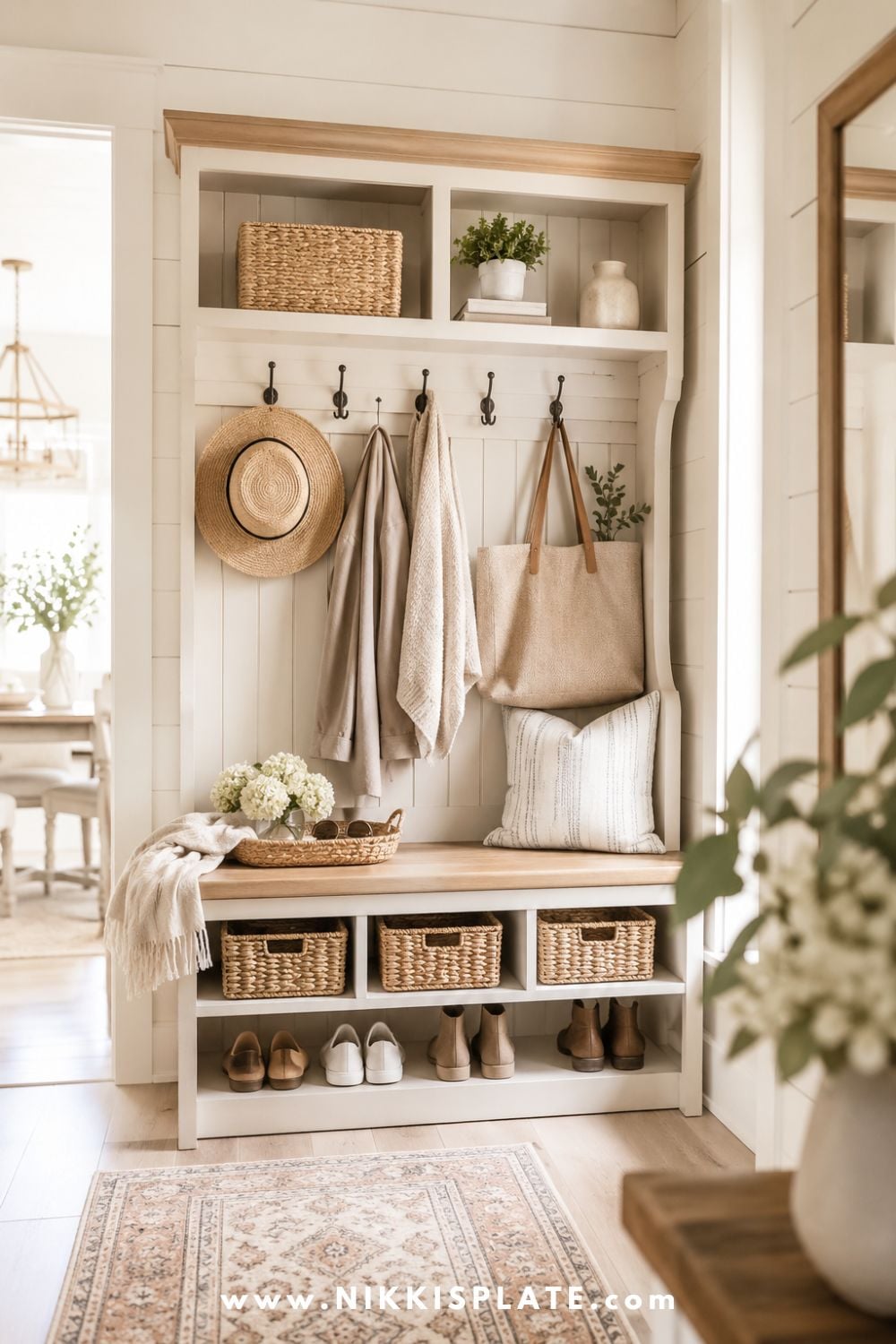 Airy farmhouse hall tree with storage bench, hooks, woven baskets, shoe storage, and cozy neutral entryway decor.
