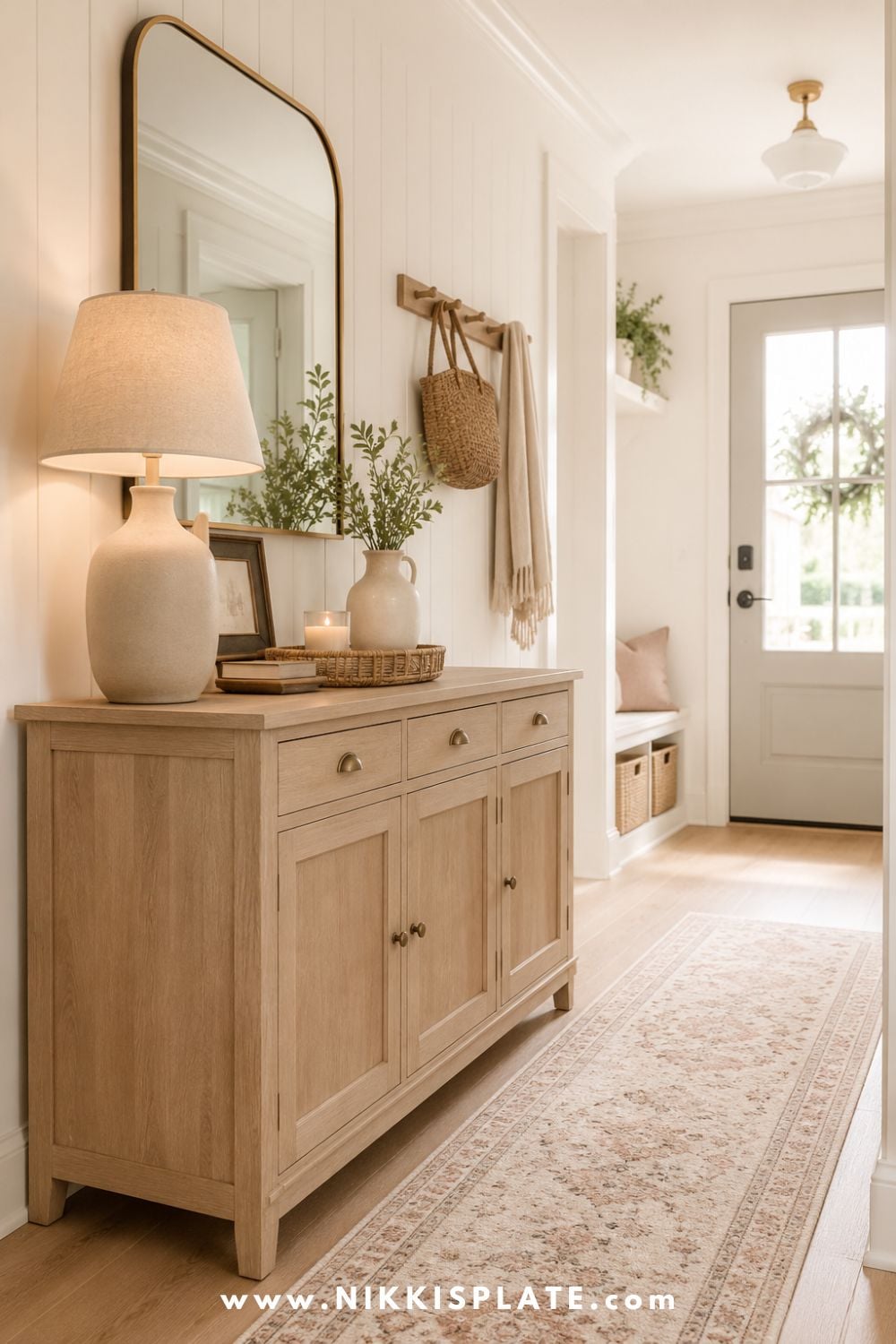 Warm hallway entryway with a wood storage cabinet, mirror, lamp, and simple decor for hidden organization.