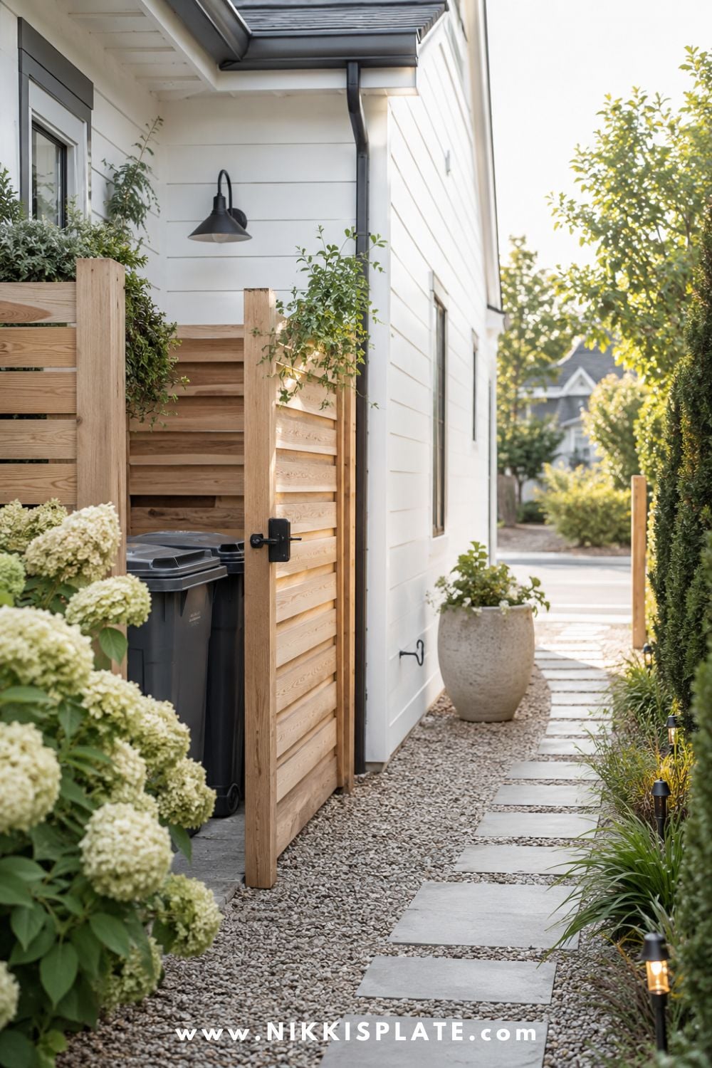 Hidden side-yard garbage can nook with a wooden privacy gate, gravel path and landscaped garden beside a white house.
