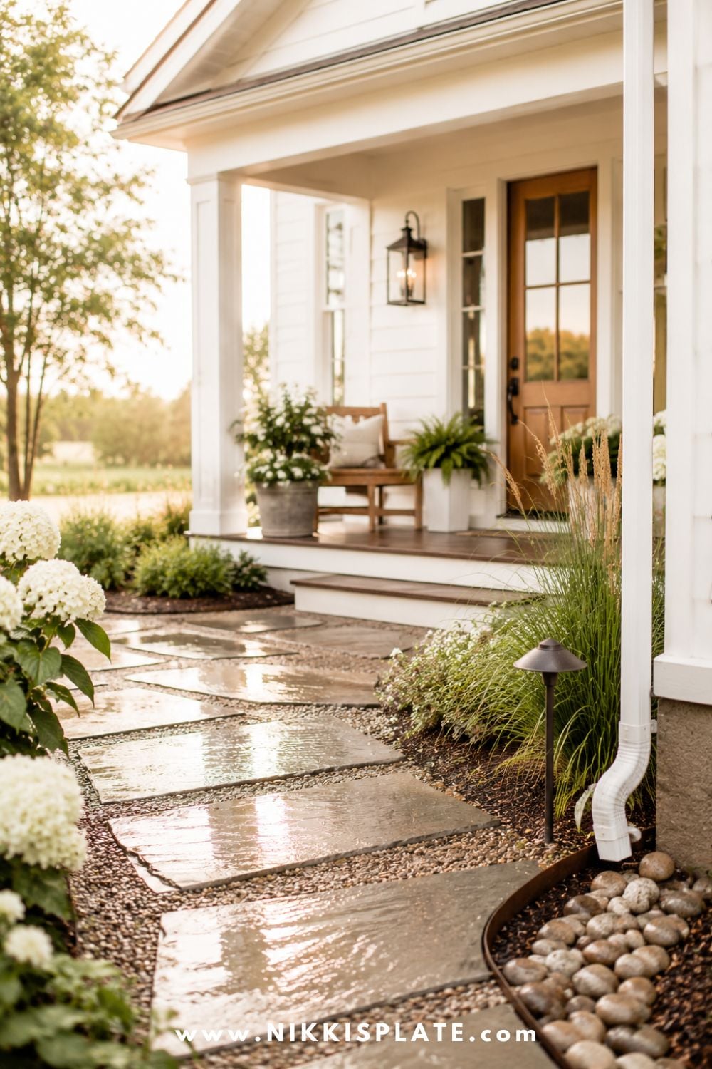 Bright farmhouse entryway with a wet stone walkway, covered porch, clean steps, soft landscaping, and drain-friendly details after rainfall.