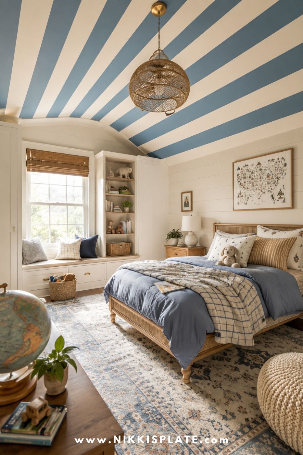 Bright and cozy kids' bedroom with a blue-and-white striped ceiling, layered blue bedding, woven textures, a window seat, and playful decor.