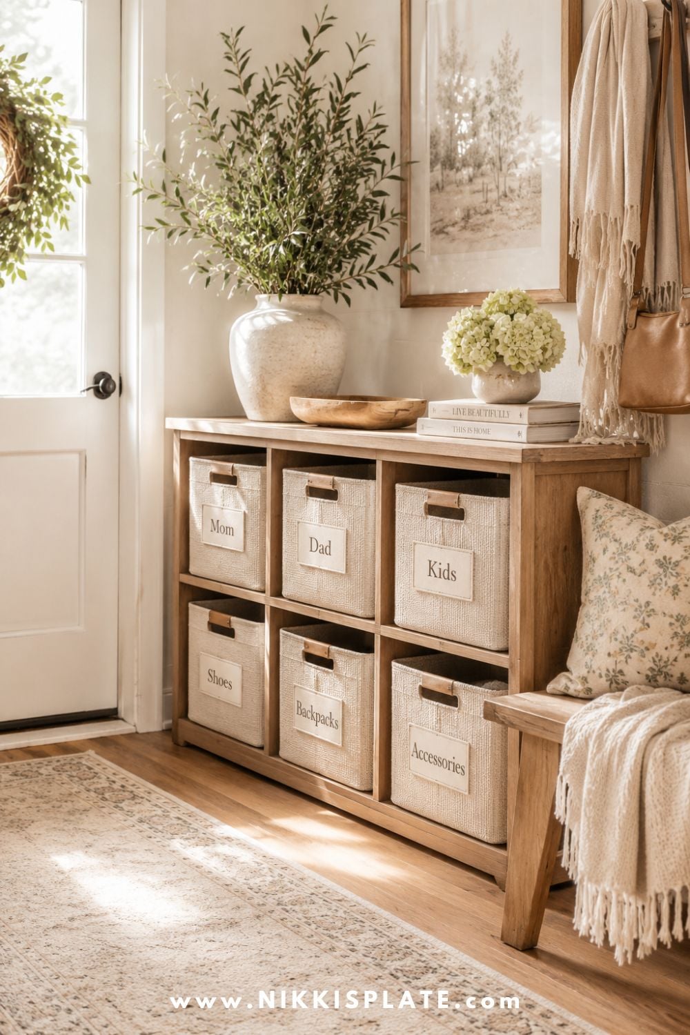 Entryway storage unit with labeled bins for mom, dad, kids, shoes, backpacks, and accessories.