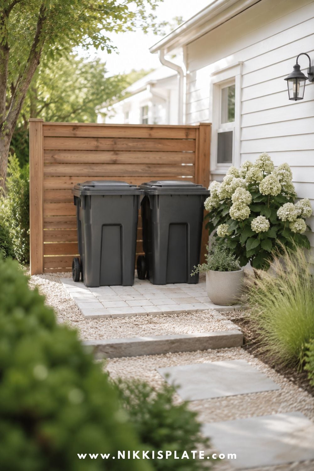 Two outdoor garbage cans on a level paver base with a wooden privacy screen beside a landscaped white home.